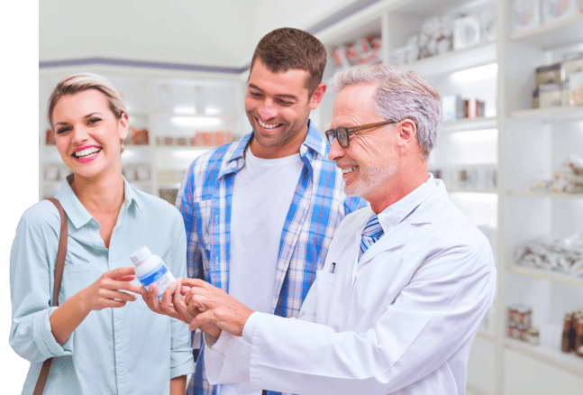 pharmacist with young couple